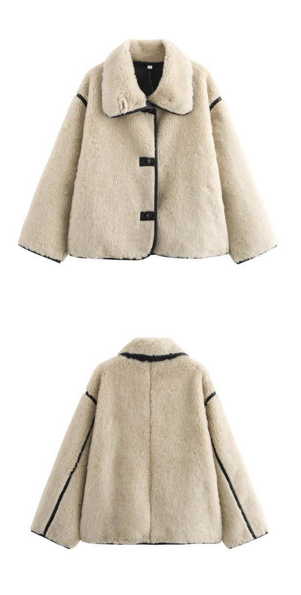 Large Lapel Fur Integrated Long Sleeve Plush Coat