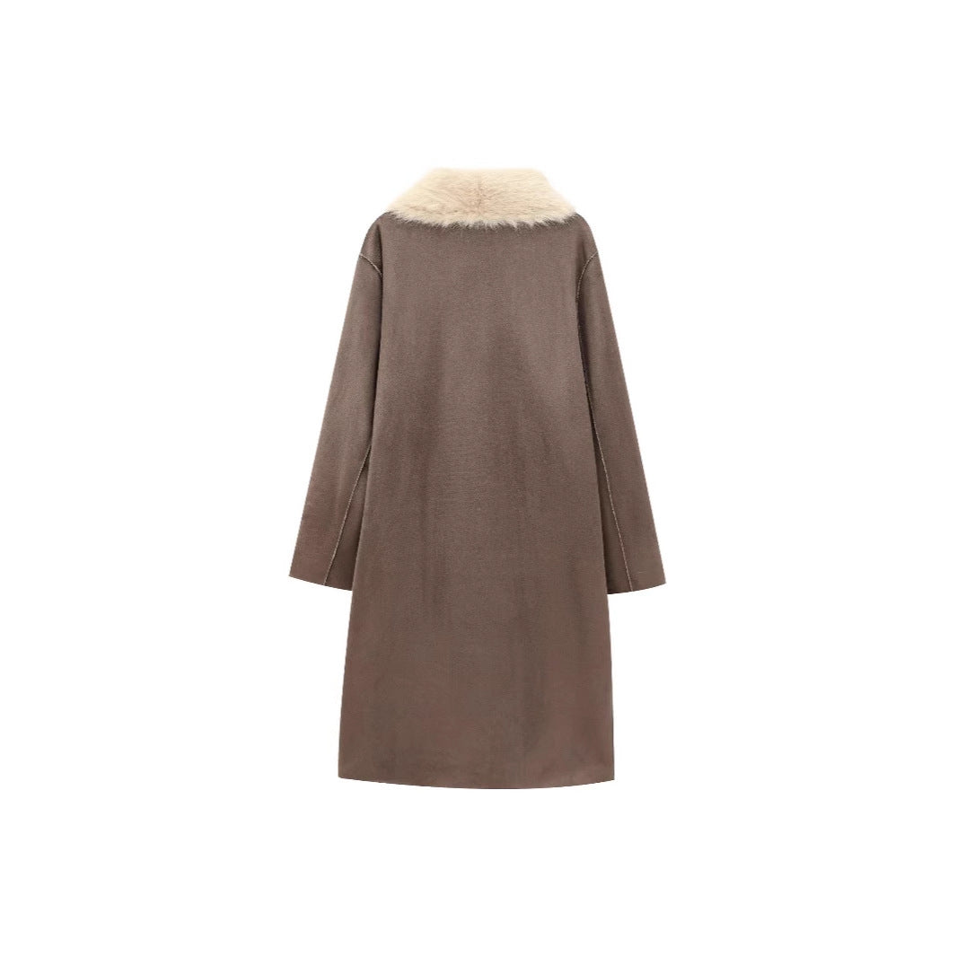 Women's Fashion Pocket Decoration Long Turn-down Collar Coat