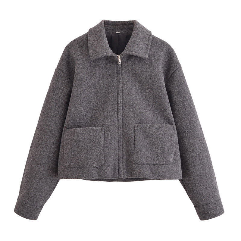 Fashionable Shirt-Collar Short Jacket with Pockets for Women