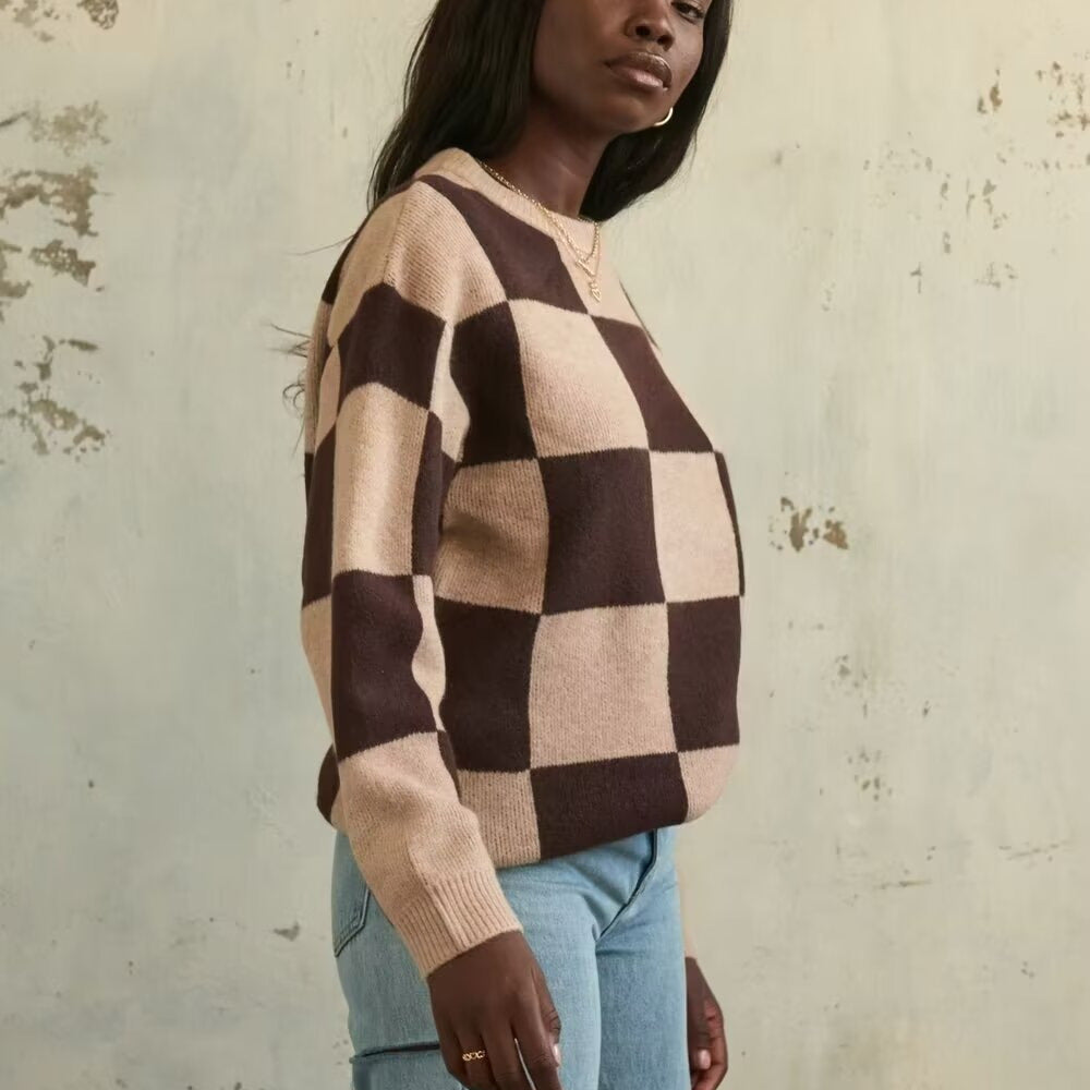 Women's Sweater Checkerboard Round Neck Loose Top