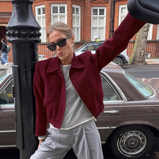 Retro Burgundy Short Wool Jacket for Women