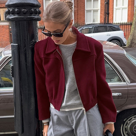 Retro Burgundy Short Wool Jacket for Women