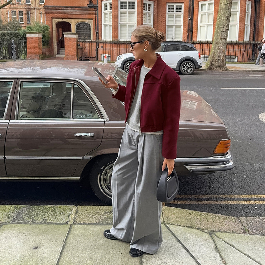 Retro Burgundy Short Wool Jacket for Women